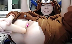 Sexy brunette teen bear costume masturbating on webcam